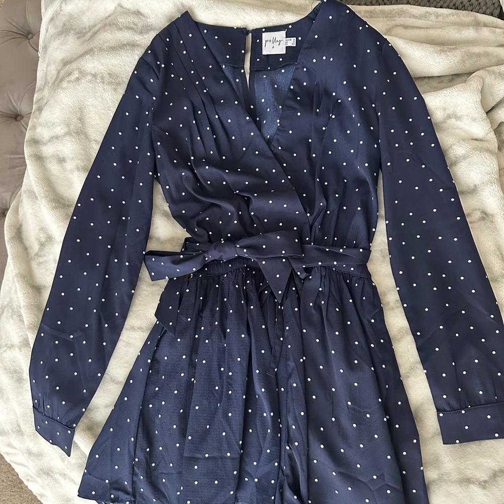 PRINCESS POLLY blue and white polka dot romper